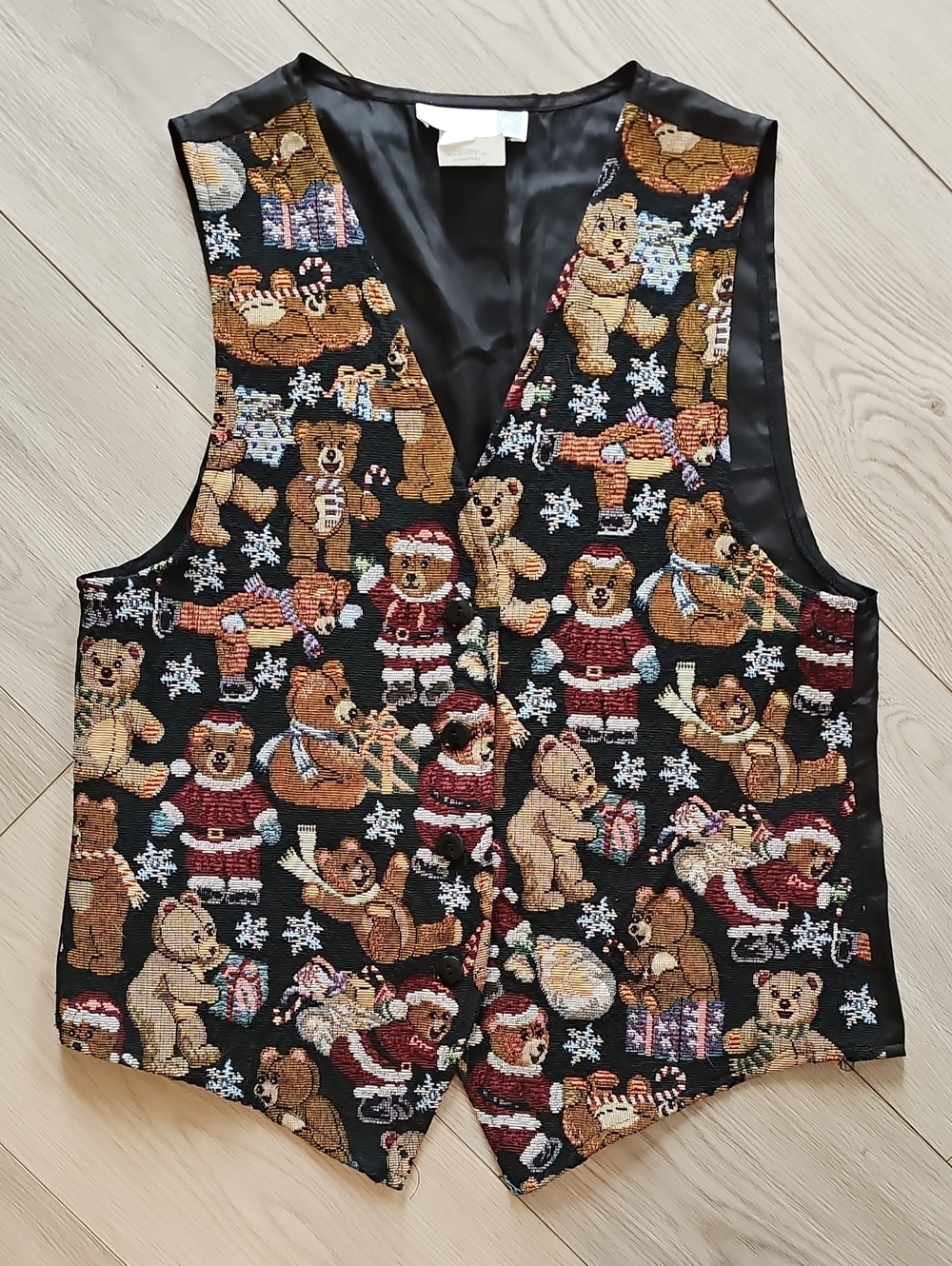 Vintage 90s Grannycore Christmas Tapestry Teddy Bear Vest Holiday Cottagecore Sm